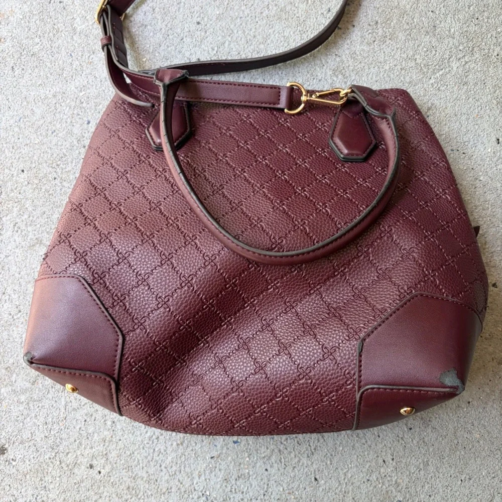 Nine West Burgundy Quilted Monogram Satchel Crossbody Handbag Gold Hardware